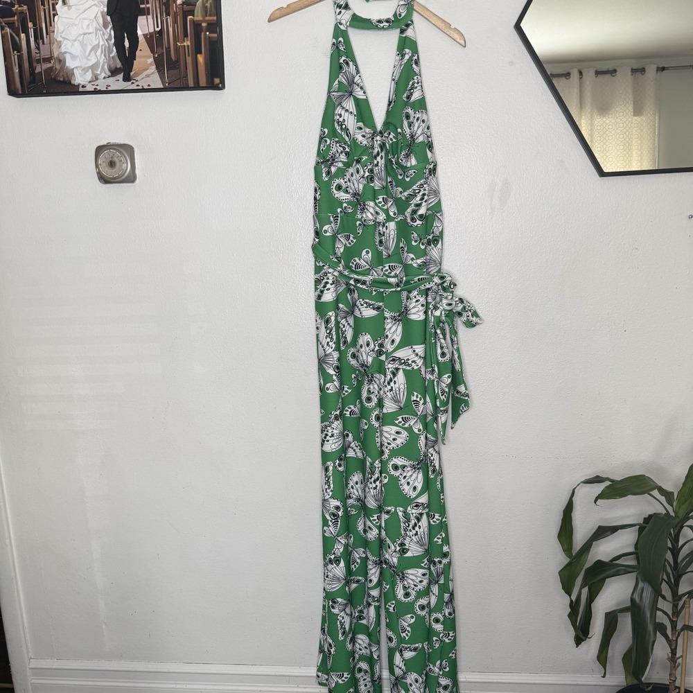 Smak Parlour Emerald Green Butterfly Halter V-neck Jumpsuit Twee Women's 1X